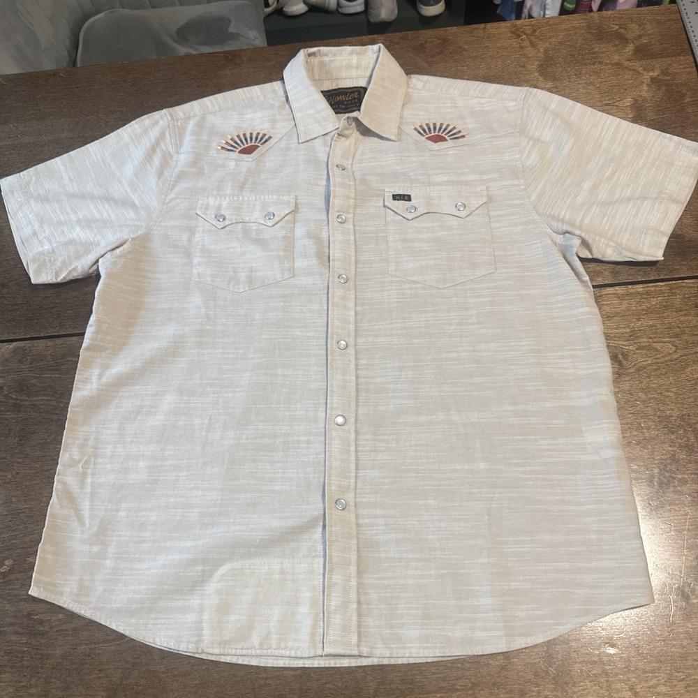 Howler Brothers M  Biege Cross Cut Deluxe Pearl Snap Rising Suns